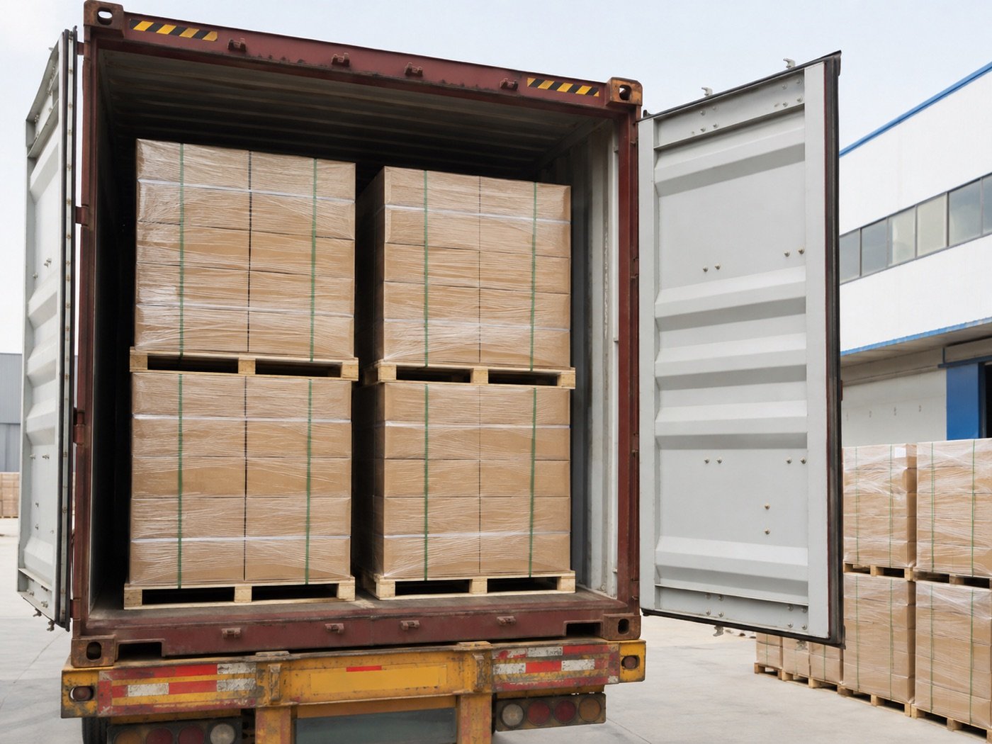 Mosaic tile pallets loaded into shipping container
