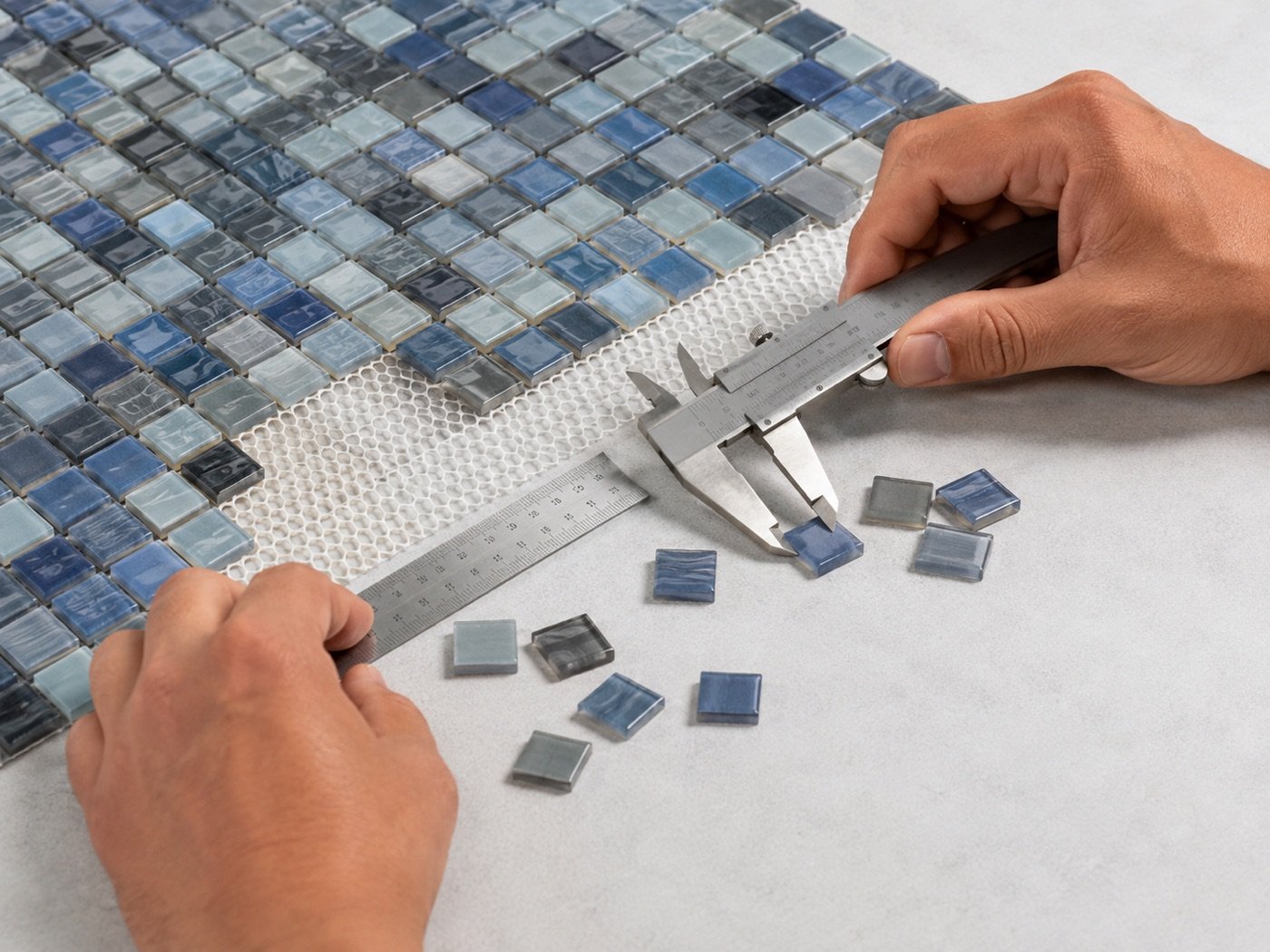 Technician measuring mosaic chip and sheet sizes