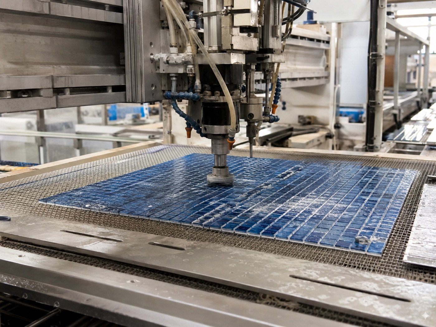 Precision machine cutting blue glass mosaic tiles