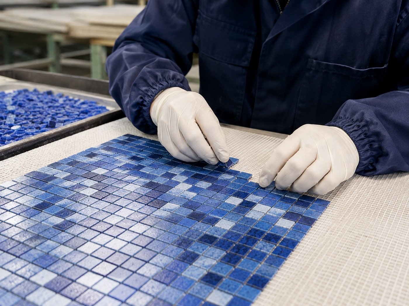 Worker mounting blue mosaic chips on mesh backing