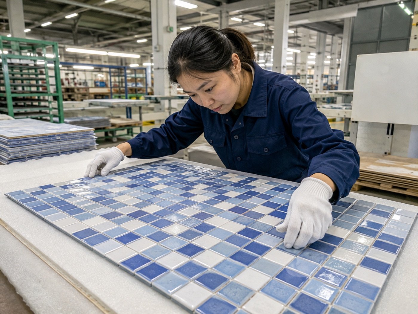 Quality inspector checking mosaic sheet alignment and color