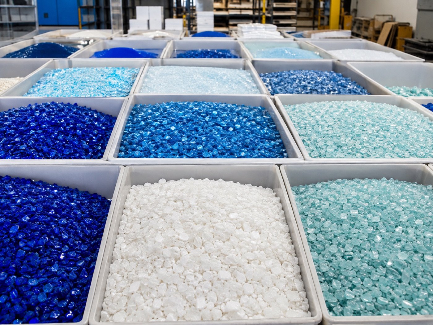 Blue and aqua glass mosaic raw materials organized in factory bins