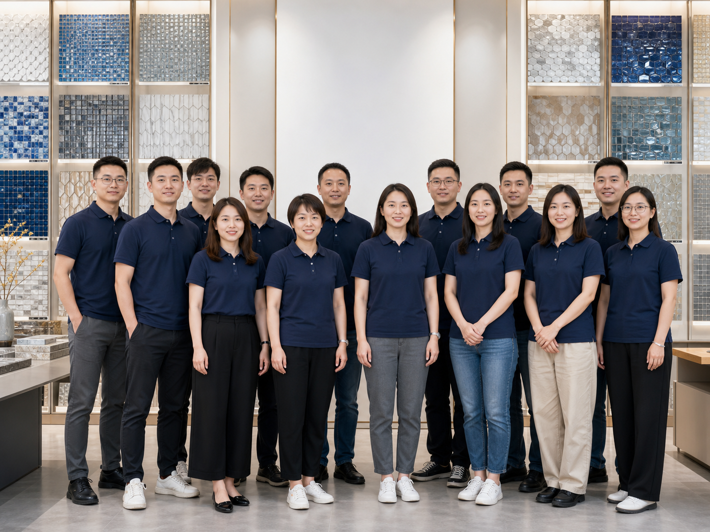 CHINA MOSAIC team in a mosaic tile showroom