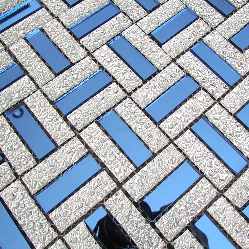 CM-ZQ-042 Blue and Silver Basketweave Self-Adhesive Glass Mosaic Tile mosaic tile
